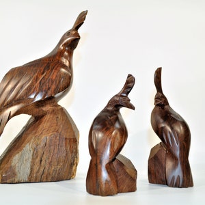 Large 12&#39;&#39; T Quail Statue set of 3  /Ironwood hand carved Quail Statues,/ Bird Figurines / Quails wood statue/