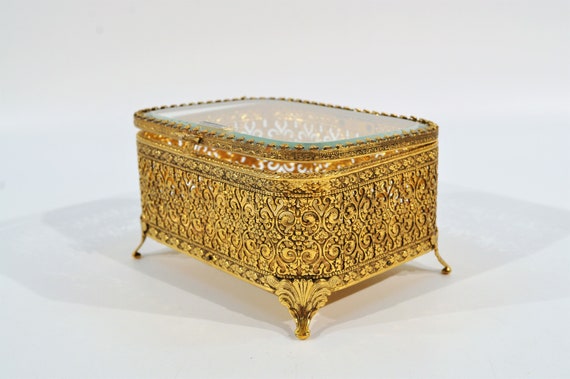 24K Plated Ormolu Gold Filigree Jewelry Box - image 5