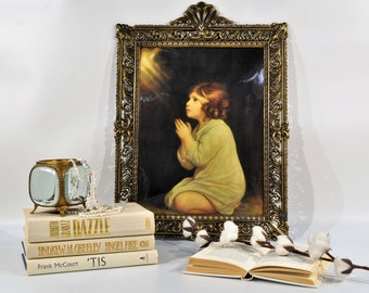Child Praying ''The Infant Samuel'' Convex Bubble Glass Brass Ornate Picture Frame