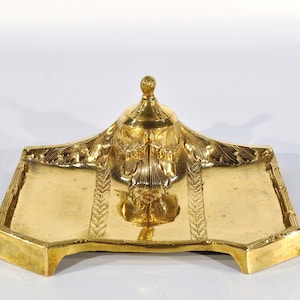 Vintage Ornate Brass Inkwell Holder/Filigree Brass Inkwell Pen Holder