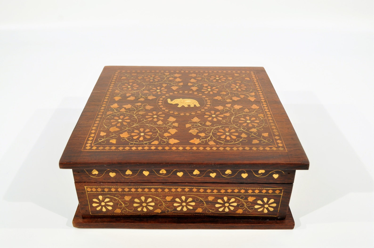 Vintage Carved Wooden Box With Brass & Copper Elephant Inlay /african ...