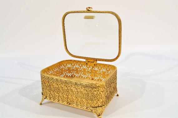 24K Plated Ormolu Gold Filigree Jewelry Box - image 8