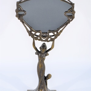Made in Italy Art Deco Ornate Figural Female Goddess & Cherub Vanity Brass Mirror