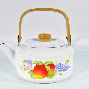 Enamel Teapot Kettle - Bended Wood Handle & Wood Knob