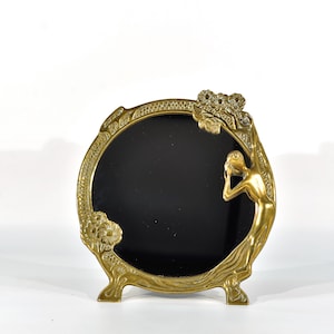 Vintage Art Nouveau Lady in the Mirror- Heavy Brass Frame whit Back Support Tabletop Vanity Mirror