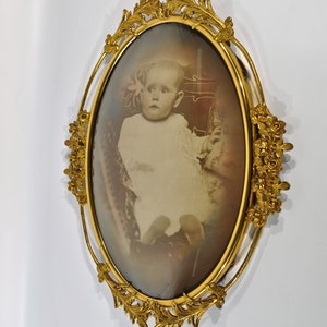 25&#39;&#39; Tall Antique 1900&#39;s Ornate filigree Gold Brass Wall Frame with Concave Glass