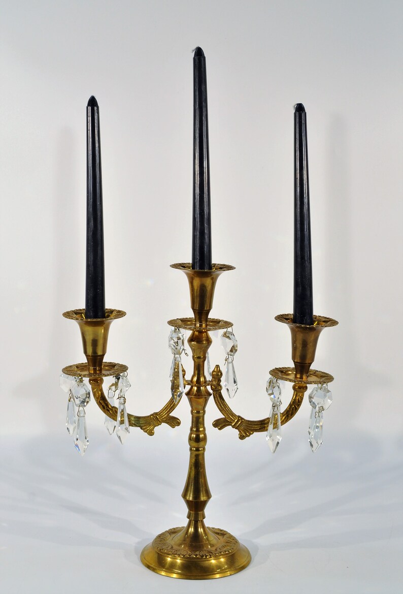 3 Arms Brass Candelabra With Crystal Prisms Candle Holder Etsy