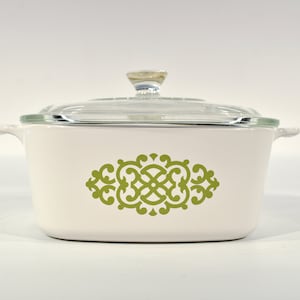 Vintage Corning Ware Green Shell Oil Medallion Casserole /Farmhouse /French cottage décor.
