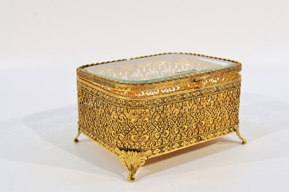 24K Plated Ormolu Gold Filigree Jewelry Box - image 4