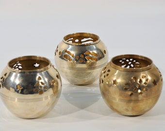 3 P.C. Christmas Votive Holders Pierced Tea Lights/Vintage White Brass Christmas Perseid Tea Light Candle Holder