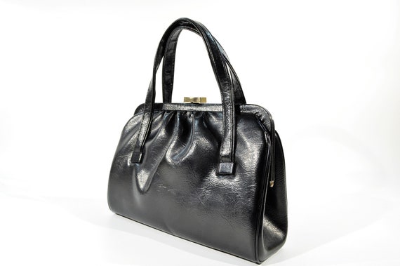 Black Faux Leather 50's -60's Purse / Satchel/ Ha… - image 2
