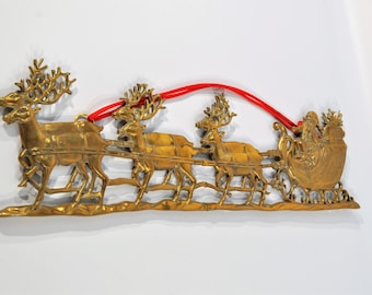 22&#39;&#39; Long Heavy Solid Brass Santa Sleigh and Reindeer Wall Hanging /Vintage Christmas
