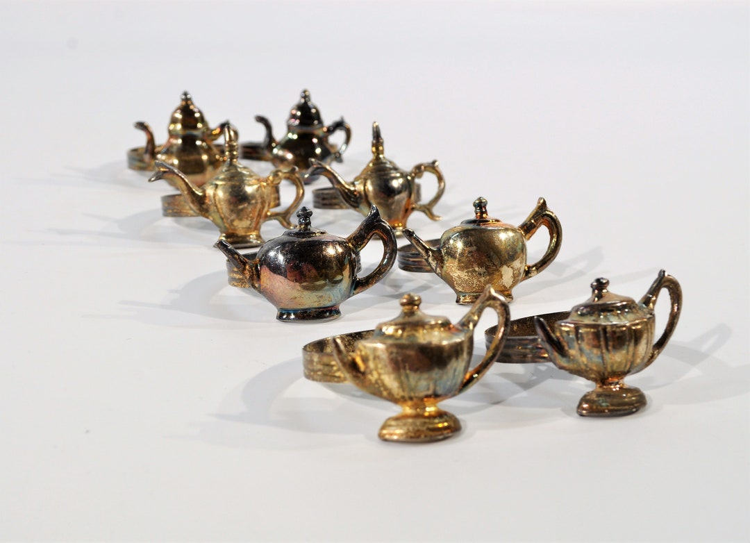 Set of 8 Vintage Teapot Napkin Rings/ Heavy Silver Plated Teapot Napkin