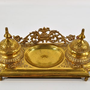 Vintage Ornate Brass Inkwell Holder/Filigree Brass Inkwell Pen Holder