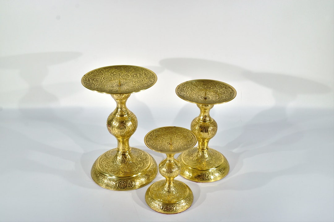 Brass Pillar Candle Holder Set of Three /vintage Boho Brass Candle