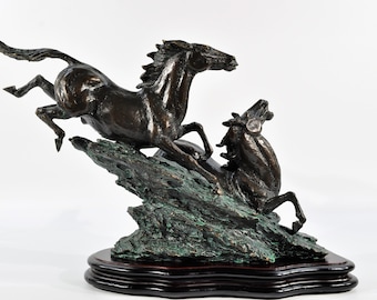 Large Mid Century Western Bronze Running Mustangs Sculpture Signed Kim Bernard/Wild Horses Figurine Brass Sculpture