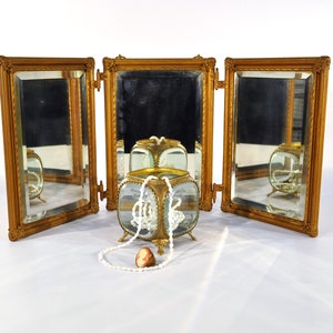 Antique Victorian Tri-fold Brass Panel Beveled Vanity Mirror/French Gold Gilded Tri Fold Travel Dresser Mirror/French Victorian Decor