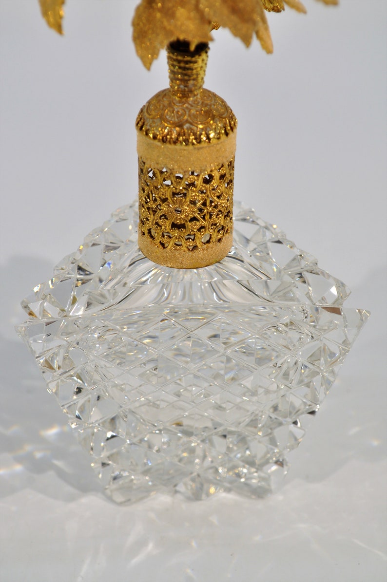 Triangle Diamond Cut Crystal Perfume Bottle with Floral Top Etsy