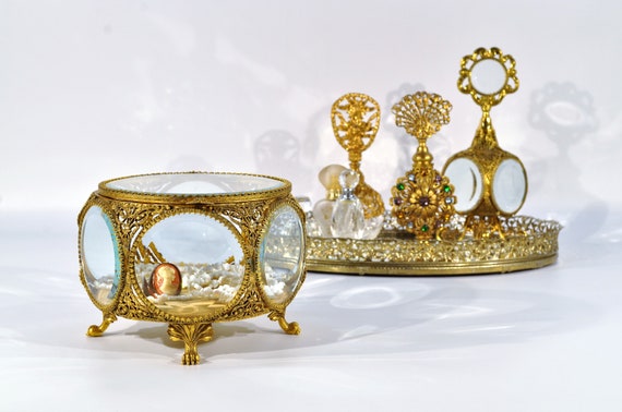 Gold Plated Ormolu Filigree Jewelry Casket - image 3