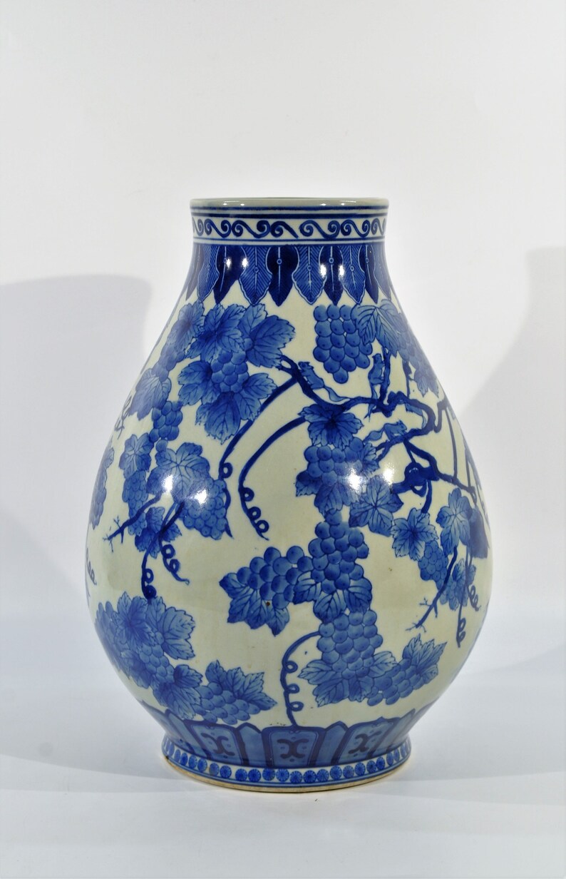 Large Porcelain Asian Vase With Blue Grapes Vines Motif Etsy