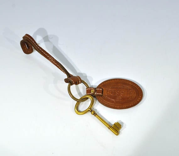 Vintage Fossil Leather Keychain Fob With Golden Tone Key - Etsy