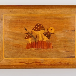 Vintage Marquetry Mushrooms Design Wood Serving Tray/Farmhouse Wood Serving Tray