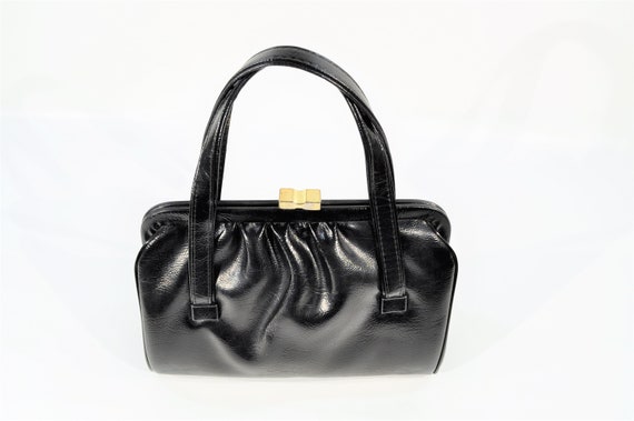 Black Faux Leather 50's -60's Purse / Satchel/ Ha… - image 9