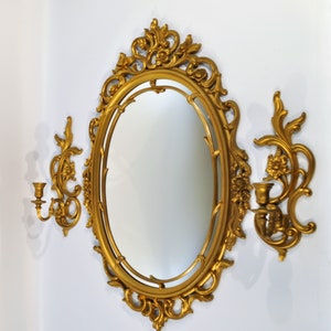 29&#39;&#39; T, French Victorian Style, Ornate Scrolled Gold Wall Mantle Mirror and sconces  Made in USA by Syroco