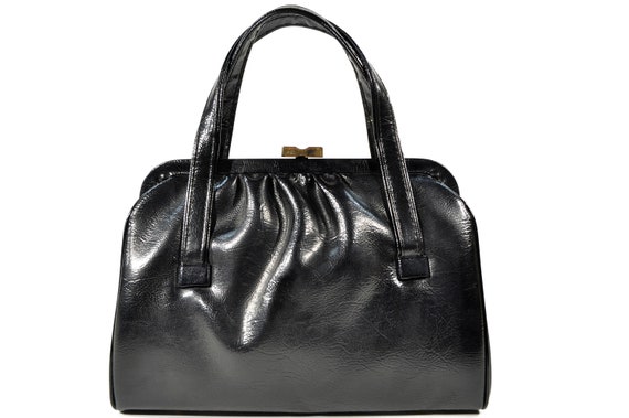 Black Faux Leather 50's -60's Purse / Satchel/ Ha… - image 1