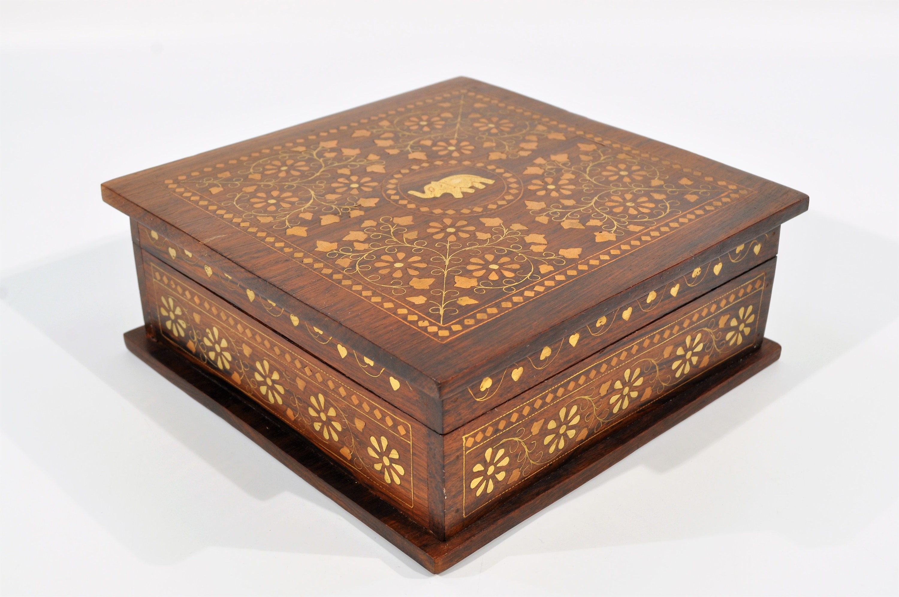 Vintage Carved Wooden Box With Brass & Copper Elephant Inlay /African /Bohemian Elephants Decor/ India/Safari Jungle African Art