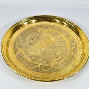 Mid century Brass Serving Tray With Japanese Motif
