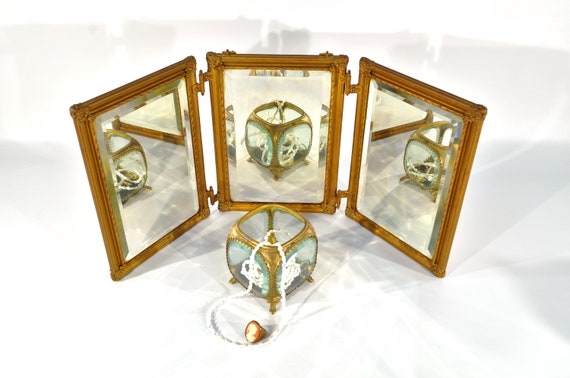 Antique Victorian Tri-fold Brass Panel Beveled Vanity Mirror