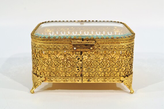 24K Plated Ormolu Gold Filigree Jewelry Box - image 6