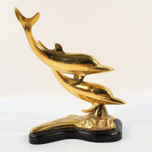 Mid Century 10'' T Swimming Dolphins Brass Statue -Nautical decor
