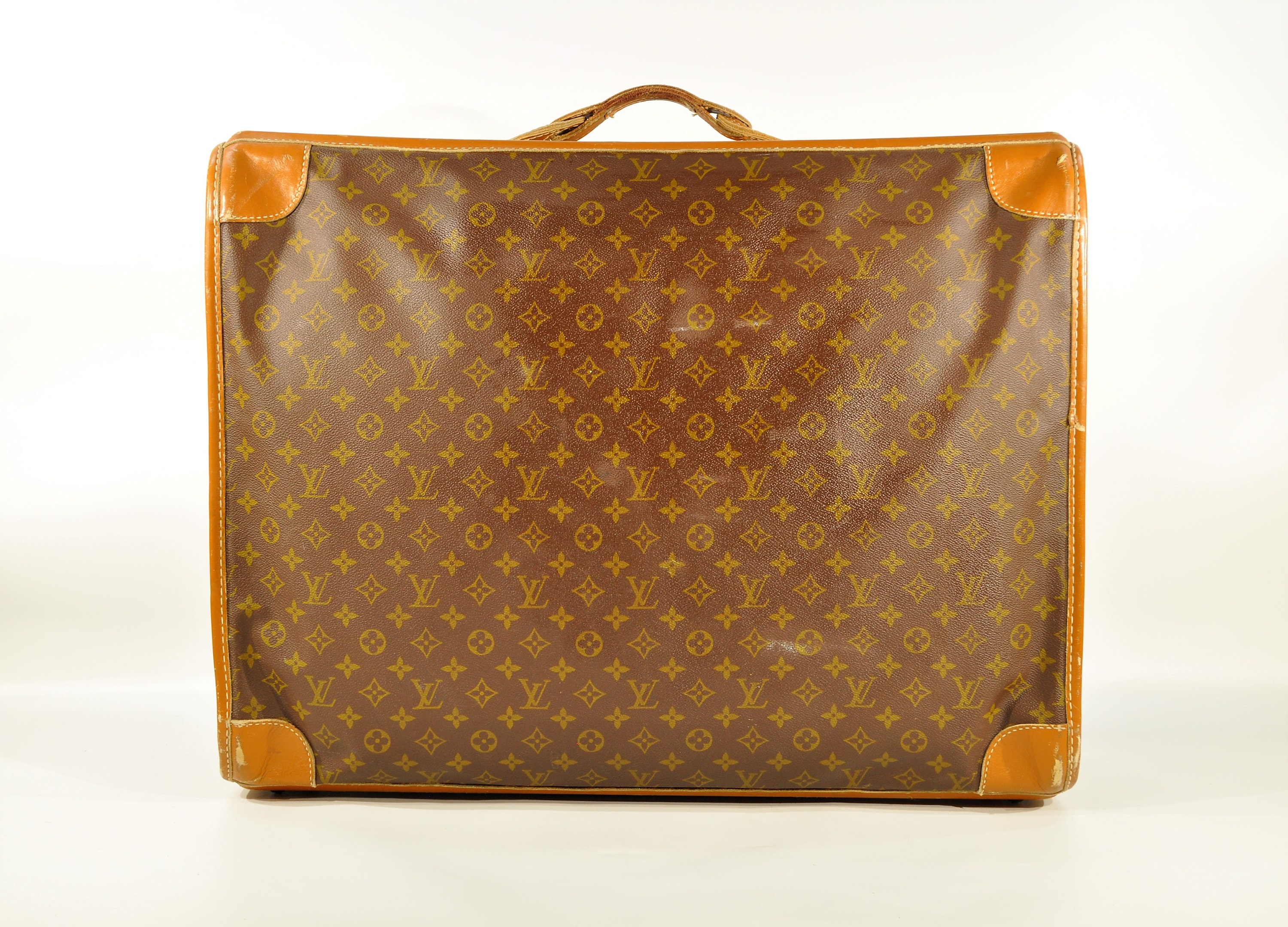 1970s Louis Vuitton Brown Beige Canvas Leather Suitcase Luggage Pullman 75