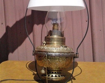 Antique Brass Hanging Oil Light The Pittsburgh w Frame and Milk Glass Shade 1860