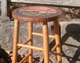 Antique Folk Art Kitchen Tall Stool Hand Painted Folk Art Stenciling 1920s