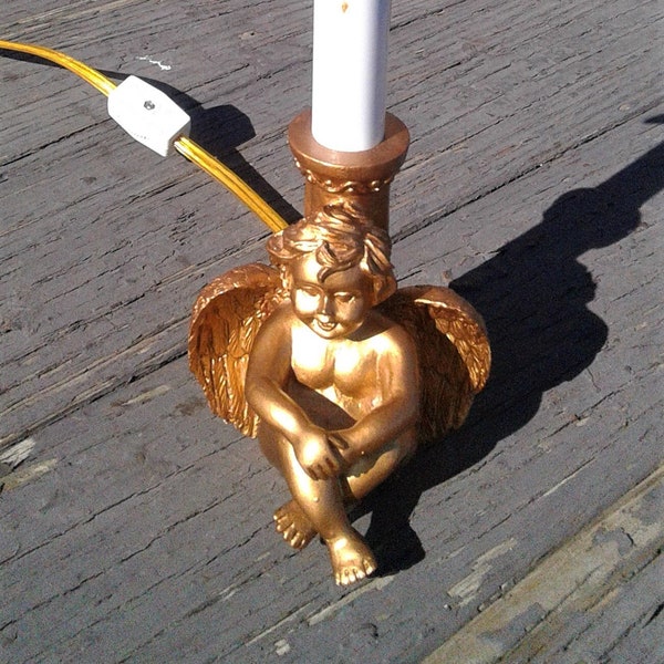 Vintage Sitting Gold Cherub Electric Candlestick Table Accent Light w Star