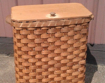 Vintage Woven Splint Oak Laundry Basket Hamper with Lid 1970s