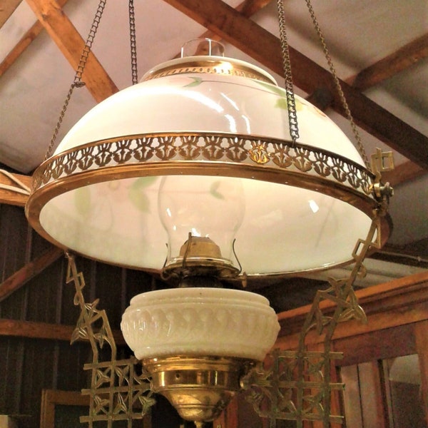 Antique Brass Hanging Oil Parlor Lamp w Milk Glass Shade Hand Painted