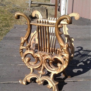Vintage Victorian Cast Aluminum Gold Lyre Music Book Magazine Rack Stand