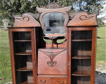 Antique Rare Tiger Oak Double Side By Side Secretary Bookcase Curved Glass 1900s