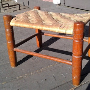 Antique Oak Foot Stool with Hand Woven Rattan Seat 1900s Era