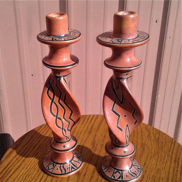 Pair Southwest Stone Candleholders w Bold Zig Zags  and Earth Tone Colors