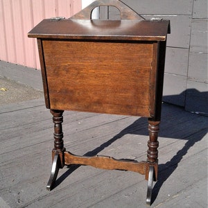Antique Maple Sewing or Magazine Holder Rack Stand with Lids and Handle 1930s Era image 2