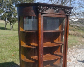 Antique Serpent Heads China Cabinet Quarter Sawn Oak Curved Glass with Claw Feet