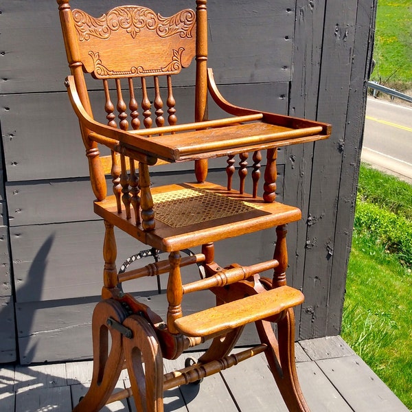 Antique Oak Convertible Pressed Back Victorian High Chair to Rocking Chair 1898