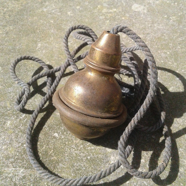 Antique Victorian Brass Covered Iron Weighted Servant Bell Pull Knob w Cord 1870