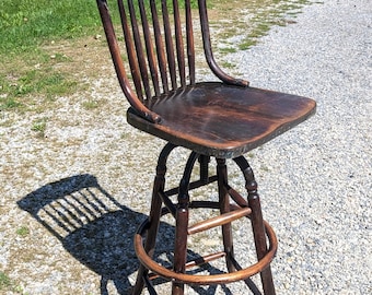 Antique Industrial Drafting Swivel Chair 1890s Workshop Stool Oak Maple Wood 34"