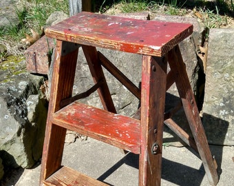 Antique Wooden Step Ladder 2 Steps Farmhouse Style w Old Red Paint